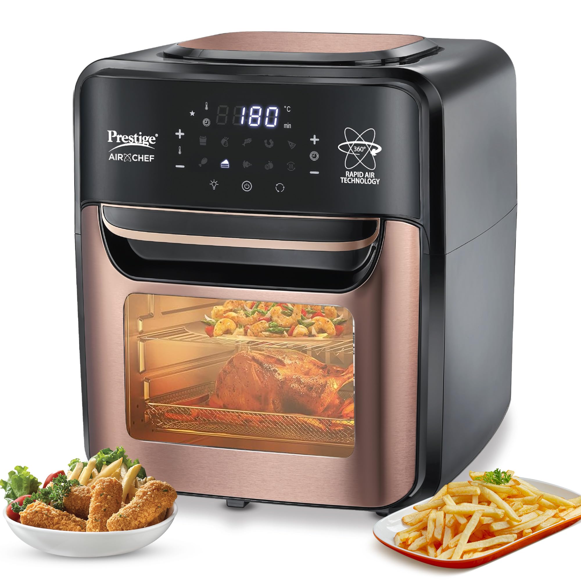 Prestige Air Chef 12 Litre Air Fryer Oven|360 Degree Rapid Air Technology|10 Preset Menus|Unique Multi-Level Design| Smoke-Free Technology|Black & Rose Gold