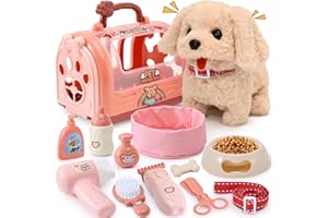 G.C Electrónica Perro Juguete Que Anda y Ladra con Jaula Perro y Correa, Peluche Perrito Juguetes Interactivos Juegos de rol Navidad Cumpleaños Regalo para Niña 3 4 5 6 Años