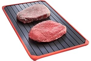 VonShef Defrosting Tray, Large Aluminium Meat Thaw Plate with Grooves & Spill-Proof Silicone Border, Defrosting Board Kitchen Accessories for fast Thawing Frozen Foods, 35cm x 20cm