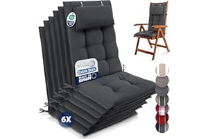 ‎BEAUTISSU Beautissu 6er Set Premium Hochlehner Auflage mit Kopfpolster 120x50cm Sun-HL – 8cm Dick Polster Gartenstuhlauflage rutschfest Befestigungsbänder UV-Lichtechtheit 5 – Robust Stoff Uni Anthrazit