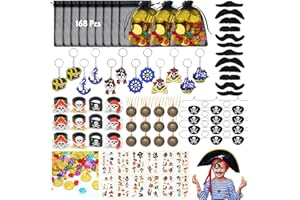 MOLTBY 168 Pezzi Gadget Pirati Compleanno Bambini, 12 x Sacchetti Pirata, 48 Diamanti Acrilici & 36 Monete Pirata, Pirata Eye Patch Moustache Portachiavi Accessori Regalo Festa Compleanno Bambini