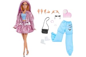Barbie Deluxe Style-docka med metallicrosa Barbiecore-kjol och jacka | 4 outfits, 4 accessoarer, 4 utbytbara händer, 2 skor och färgskiftande hår, JNC61