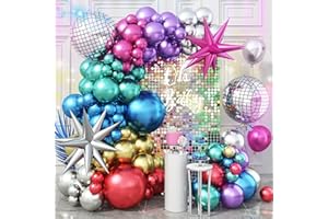 JOBKOO Metallic Balloon Arch Garland Kit, Disco Party Decorations with Chrome Rainbow Colorful Purple Teal Red Hot Pink Blue Balloons Disco Ball Balloons for 80s 90s Theme Birthday Anniversary Party Supplies