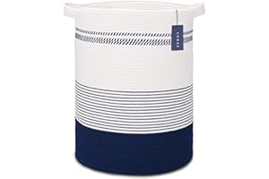 COMSE Extra Large Blanket Basket, Tall Laundry Basket, Nursery Hamper, 40 x 55 CM, Cotton Rope Woven Laundry Hamper for Storage Toys Clothes Towels, Navy Blue & White