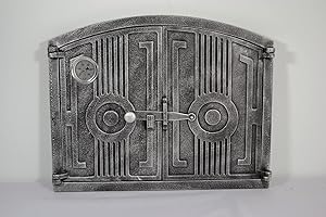 SEZAM leichte Doppeltür für Backöfen aus Gusseisen mit Thermometer 500 °C - mit Türriegel, halbrund, Pizzaofentür - Brotofen - Steinofentür, 48 x 3 x 38 cm, silberfarben bemalt