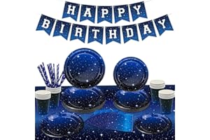 INSPIREYEE 107 PCS Space Galaxy Party Supplies Starry Night Tableware Set Space Happy Birthday Banner Outer Space Plate Tablecloth Galaxy Planet Themed Birthday Party Decorations Serves 20