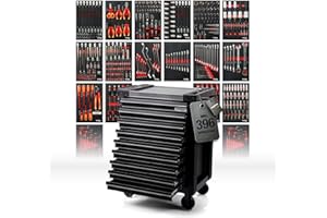 Mephisto ProLine Full Black Servante d'atelier avec 9 tiroirs, dont 9 avec outils tels que clé, cliquet avec boîte à douille, tournevis, VDE en incrustations souples en aspect carbone