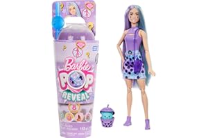Barbie Pop Reveal Lalka Mleko Taro Seria Bubble Tea Pachnąca lalka modowa, figurka zwierzątka i 8 niespodzianek, w tym zmiana koloru, zabawka sensoryczna, zestaw z niespodziankami, HTJ19