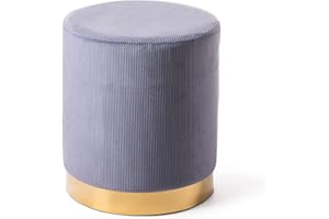 NORBE | Pouf Velluto Cilindro | Sgabello in velluto Grigio a coste con base Dorata | Poggiapiedi Da Scrivania | Toeletta Trucco | Poltroncina Bimbi Da Camera o Salotto | Poggia piedi Comodino (GRIGIO)