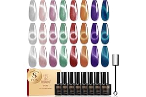 ROSALIND Smalto Semipermanente Unghie Magnetico, 8 Colori Argento Rosa Verde Rosso Arancione Viola Blu Cristallio Cat Eye Smalti Semipermanenti per Unghie, Mini UV/LED Cateye Smalto Gel Unghie