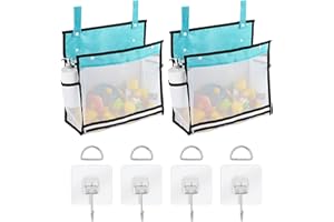 Adorila 2 Pack Mesh Bath Toys Organizer, Kids Bathroom Toy Storage Holder with Hooks, Bottom Zipper Toy Bag for Bathtub (Blue)