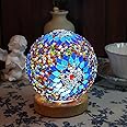 HyDlan Turkish Table Lamp (D 4.7 x H 5.2 inches), Mosaic Glass Lamps with Wooden Base, Bohemian Tiffany Style Bedside Lamps, USB Power Supply Moroccan Lantern for Living Room Bedroom Decorations