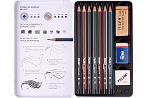 MILAN® Set 7 lápices de grafito (2H,H, HB, B, 2B, 4B y 6B) para dibujo, con 2 gomas de borrar y sacapuntas, en estuche metálico