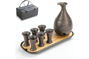 TEANAGOO Set de saké Japonais, Carafe à saké (170 ML) avec 6 Tasses à saké (25 m) pour Alcool de Soju Japonais Chaud ou Froid avec Service de Plateau Bambo Sets Cadeaux 10pcs/Set, Saki Set