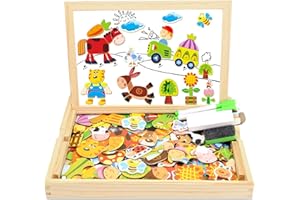 COOLJOY Puzzles en Bois Magnétique, 100+ Pièces Jigsaw avec Tableau Noir de Chevalet à Double Face Jouets Educatif, pour Enfants Fille 3 4 5 Ans, Jouets Montessori Educatif Puzzle en Bois