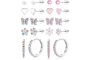 LOLIAS 10 Pairs Kids Earrings for Girls Women Surgical Steel Silver Hoop Stud Earring Set Hypoallergenic Girls Earrings Pink Multicolored Pearl Heart Butterfly Flower Screw Back Earrings for Kids