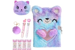 TEARMIER Secret Diary with Lock for Girls, Plush Little Bear Journal Notebook Set Bear Lockable Diary with Pompoms Keychain, Multicolored Pen, Diamond Stickers Gift for 6-12 Year Old Girls Birthday Presents