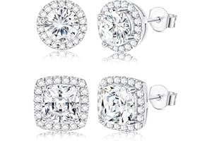 Diamday 2Pares CZ Pendientes Acero Inoxidable Birthstone Halo Studs Pendientes Set Mujeres Hombres Hipoalergénico Redondo Cuadrado Brillante Corte Piercing Pendientes Joyas Cumpleaños Navidad Regalos