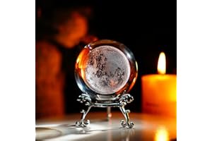 H&D HYALINE & DORA Pisapapeles de cristal de luna de 60 mm, bola de cristal de cuarzo grabada con láser 3D con soporte, esfera para decoración de mesa, manualidades