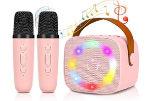 CARASTEK Micro Karaoke Enfant sans Fil avec 2 Micro, Portable Karaoké Bluetooth avec LED et Effets de Changement de Voix Jouets de karaoké pour Enfants et Adultes HiFi Mini Microphone Karaoké Complet (Rose)