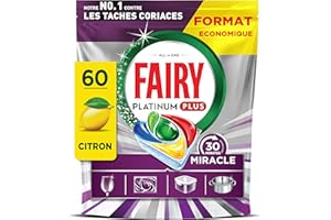 Fairy Platinum Plus Tout En 1, 30 Minutes Miracle Tablettes Lave-Vaisselle, Notre Nettoyant N° 1 Pour Les Résidus Alimentaires Tenaces, Lave-Vaisselle, 60X