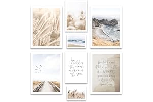 ARTFAVES® Set di poster - PAMPA DEL MARE BEIGE - decorazione da parete in più parti Soggiorno e camera da letto - 8 quadri da parete moderni Erba di pampa, spiaggia, mare, marittimo - senza cornice
