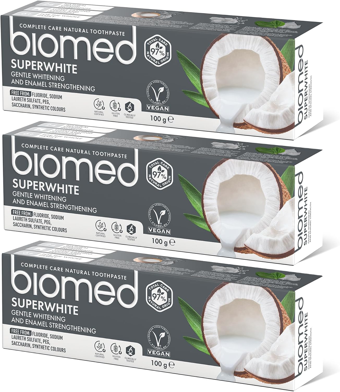 Biomed Superwhite Natural Coconut Toothpaste for Gentle Whitening, Tropical flavour - 100 g (pack of 3) - New Formula and Flavour (Packaging May Vary)