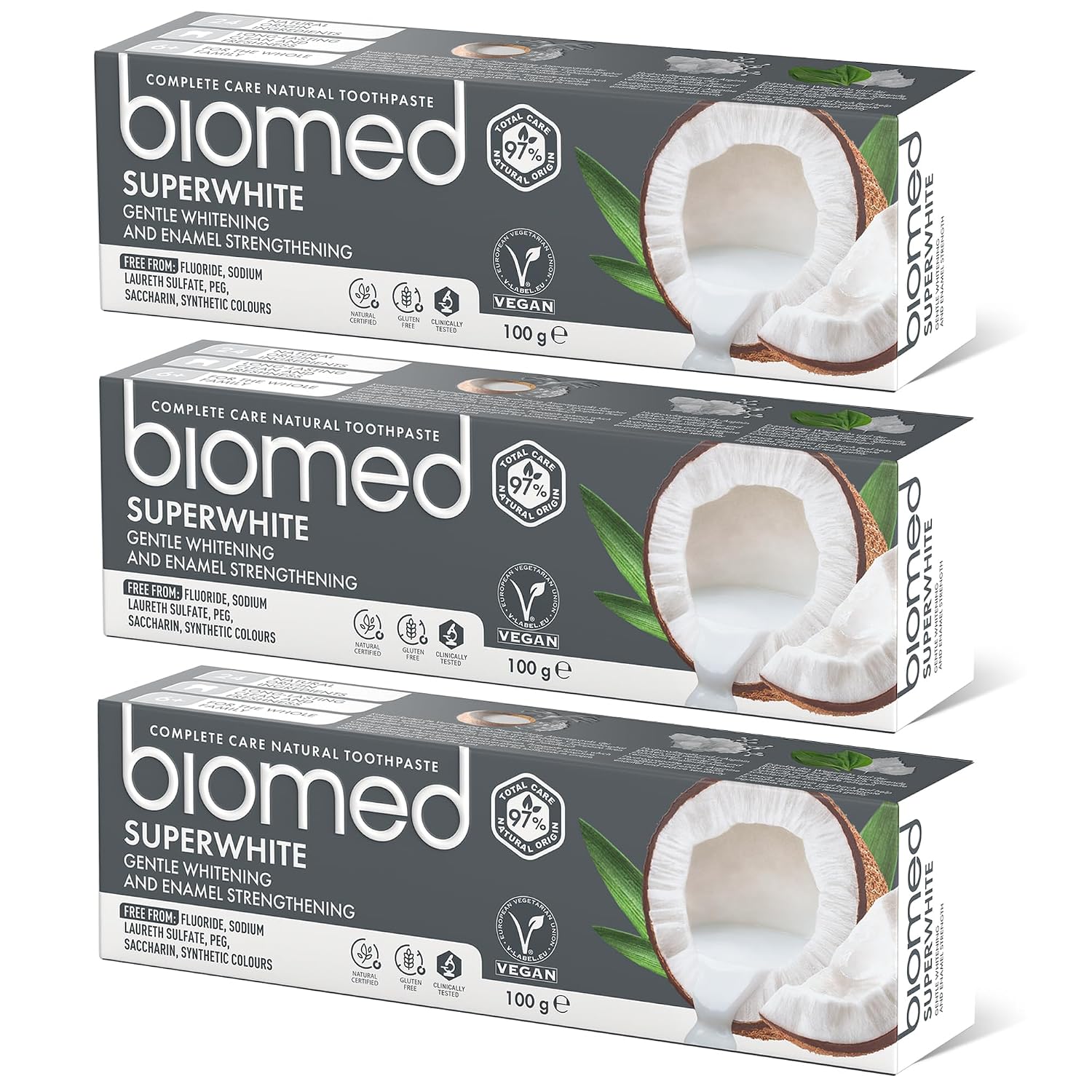 Biomed Superwhite Natural Coconut Toothpaste for Gentle Whitening, Tropical flavour - 100 g (pack of 3) - New Formula and Flavour (Packaging May Vary)