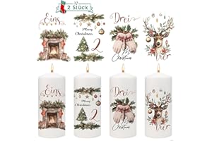 Joxessaien 2er Set Advent Kerzen Tattoo 6-8cm | Advent Zahlen Sticker mit Hirsch & Kamin | Weihnachts Kerzenaufkleber für Stumpenkerzen