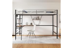 Moimhear Estructura de cama de metal de 90 x 200 cm, cama de hierro, cama alta con escritorio en forma de L y estante para niños, adolescentes y adultos (negro)