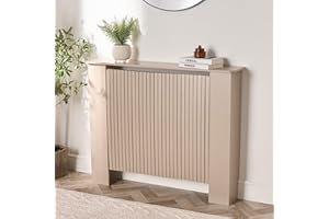 OHS Radiator Cover Stylish Slatted Front, Ribbed Small Radiator Covers MDF Cabinet Decorative Heater Cover with Top Shelf for Living Room Bedroom Hallway, Taupe - 78 x 82 x 19cm