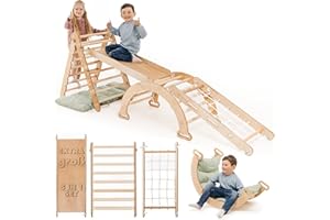 Goodevas Extra Groß 5-in-1 Indoor Klettergerüst für Kleinkinder - Dreiecksleiter, Kletterbogen & Kletterrampe & Netz, Kissen, Montessori Klettergerüst, für Kinder von 1-5 Jahren (Grünes Kissen)