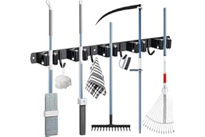 YOCOLE Colgador Escobas y Fregonas, Soporte Escobas Pared Acero Inoxidable con Ganchos, Autoadhesivo o Perforado (Tornillos Incluidos) para Cocina, Baño, Garaje y Jardín, Color Negro