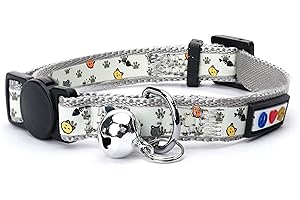 PAWTITAS Glow In The Dark Cat Collar with Safety Buckle and Removable Bell Cat Collar Kitten Collar Grey Cat Collar