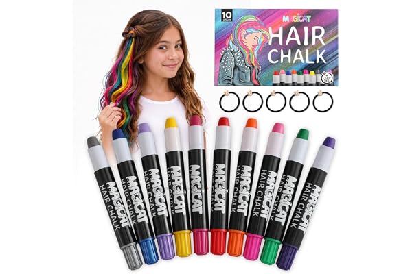 Magicat Premium Hårkrita för Flickor Set – 10 Färger & 5 Hårsnoddar – Tvättbar & Giftfri – Perfekt för Kreativitet & Rolig Lek – Hårkrita för Barn – Betyg 1,2 från Prüfengel Institut