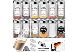 Miorkly Pot a Epices en Verre, Forme Ronde Bocaux Epices, 12PCS×100ml Epices Pots Rangement-Pots à éPices, Ensemble de Pot Epices Contenir Etiquette Epices、Entonnoir、Stylo Effaçable