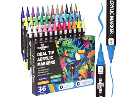 STATIONERY ISLAND Akrylpennor, färgpennor, 36 färger, färgmarkörer med dubbla spetsar, akrylmarkörer - Amazon Deal & Rabatt