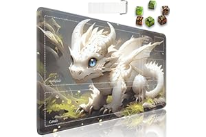 JVGFYNKL TCG Playmat, Magic The Gathering Ultra Pro Playmat with Zones, 24x14 in Non-Slip Rubber MTG Playmat with Drawstring Travel Pouch and 6 Dice, White and Gold Baby Dragon MTG Mat, Card Game Playmats
