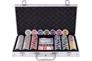 DREAMADE Mallette de Poker Verrouillable avec 300 Jetons avec Autocollant Laser, Bouton de Donneur, 2 Jeux de Cartes, 5 Dés et Mallette de Poker en Aluminium (Argent)