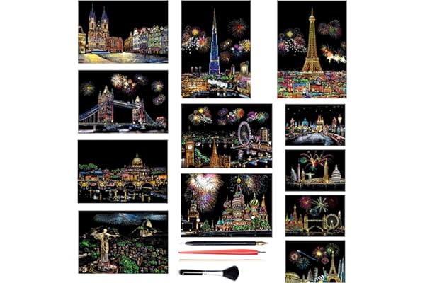 Georgie Porgy Scratch Art Kit pour Enfants Adulte Magic Rainbow Papier à gratter A4 A3 Cartes Postales pour Noël Cadeau d'anniversaire (Ville Beauté+Feux d'artifice)