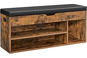 ‎VASAGLE VASAGLE LHS130B01 Ławka na buty z poduszką, ławka do przechowywania z wyściełanym siedziskiem, 3 przegródki, ukryty schowek, półki, do salonu, przedpokoju, sypialni, nośność 150 kg, rustykalny brąz