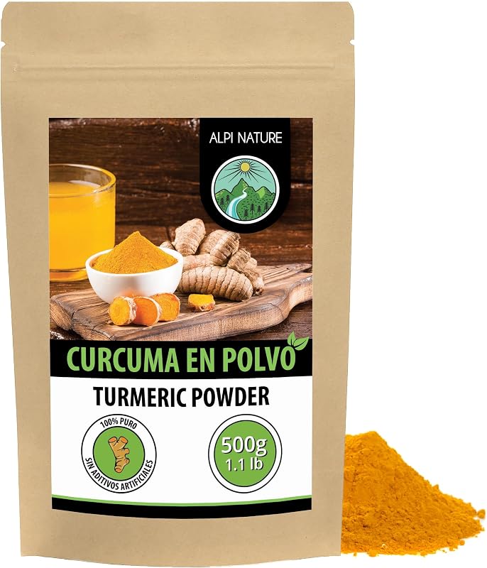Alpi Nature Cúrcuma en Polvo 500g, Raíz de Cúrcuma Molida para Cocinar y Preparar Leche Dorada