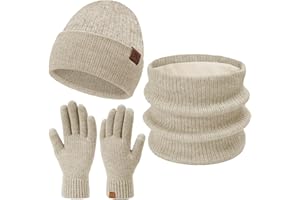 BEQUEMER LADEN Femmes Hiver Chaud Bonnet Echarpe Thermique Gants Tactiles Ensemble Tricot Slouchy Cache-Cou Cadeau Femme