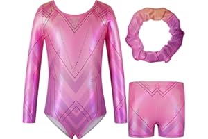 Hotfiary Gymnastics Leotards for Girls Long Sleeve/Sleeveless Sparkle Dance Leotard with Tumbling Gymnastics Shorts Ballet Dancewear for Kids 5-14 Years