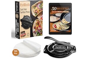 Tortillada – Presse à Tortillas de Première Qualité en Fonte + E-Book de Recettes + 100 x Papier Parchemin (20 cm)