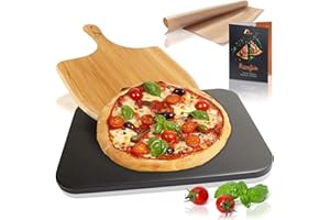 Amazy Pietra refrattaria per pizza da forno, incl. Pala, Carta da forno riutilizzabile e Ricettario –Pietra pizza dal sapore italiano (38x30x1,5cm) (Nero + pala per pizza in bambù)
