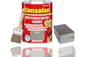 ERHARD-TRADING Consolan Wetterschutzfarbe Set 2,5 l Holzfarbe Dauerschutz Deckend mit Zubehör (Grau)