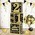 Eiurteao 3pcs 21st Birthday Decorations Boxes for Girls Boys, Black Gold Happy 21 Birthday Balloons Boxes Party Supplies, 21 Year Old Bday Theme Cardboard Box