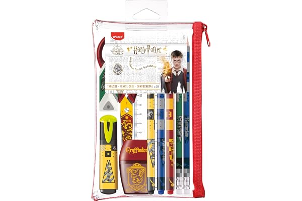 Maped - Trousse de Fournitures Scolaires Harry Potter 10 pièces - Ciseaux - 1 taille-crayons - 1 gomme - 1 surligneur - 3 feutres pointes fines - 2 graphites Couleur
