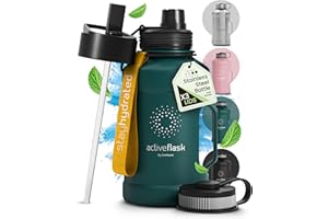 ‎BEMAXX Butelka do picia ze stali nierdzewnej ACTIVE FLASK + Słomka (3 pokrywy) | Duża 1,3/2,2 Litrowa Sportowa bez BPA Nieprzeciekająca, 2l XL Sport Fitness Siłownia trening szczelna
